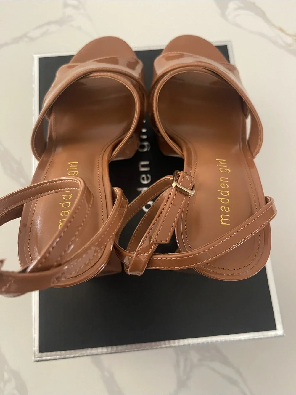 Madden Girl Ambeer Caramel Pat Platform Sandal with Block Heel 6.5